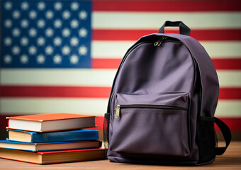 Books and student's backpack at the background of flag of the United States of America. Concept of advertising banner - US english language courses, studying in the USA, immigration, green card. 