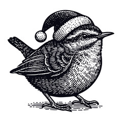 wren bird wearing a Santa Claus hat Christmas sketch - obrazy, fototapety, plakaty