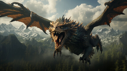 Dragon's Flight: An epic portrayal of a green dragon taking flight over a breathtaking landscape, representing the boundless opportunities of the New Year 2024 - obrazy, fototapety, plakaty