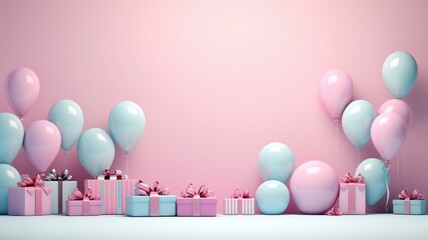 Gift boxes with balloons. Background with copy space.