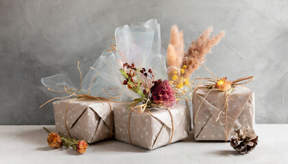 Zero waste holiday gifts wrapped in plastic free paper with dried floral decor on gray background