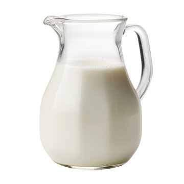 A glass jug with a handle for holding, filled with milk