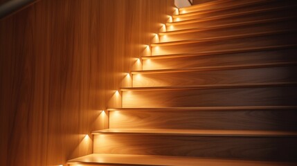 Stairway lights bulb for illumination as safety protection wooden stairs architecture interior design of contemporary, Modern house building stairway 8k,