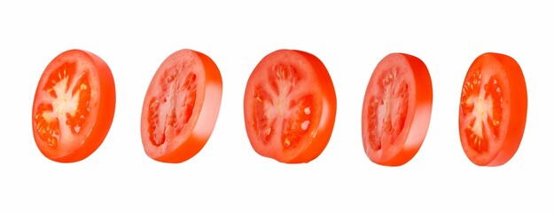 Closeup of sliced juicy tomatoes isolated on white background