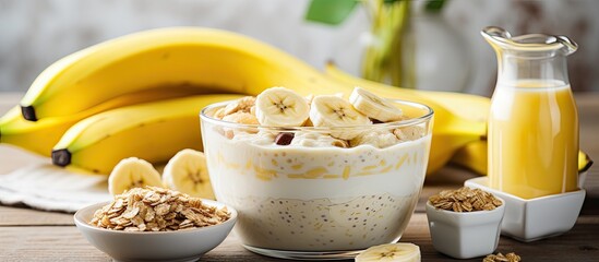 Breakfast consisting of bananas mixed into cooked oats served in a bowl of the color yellow accompanied by a glass containing milk placed on the table