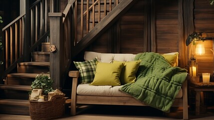 Still life details of cozy home interior in rustic style. Country style living room with wooden stairs and sofa 