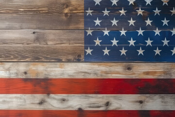 US American flag on wooden background. For USA Memorial day, Veteran`s day, Labor day, or 4th of July celebration. With blank space for text Generative AI