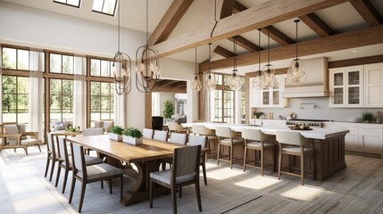 Stunning kitchen and dining room in new luxury home. Wood beams and elegant pendant lights accent this beautiful open-plan dining room and kitchen stock photo 8k,