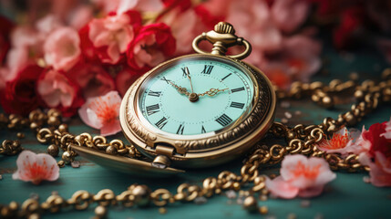 Close-up of a vintage pocket watch surrounded by scattered flower petals on an aqua background, spring time