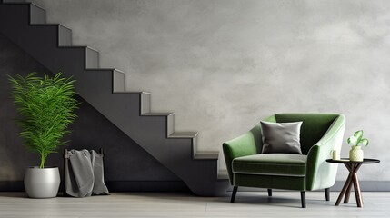 Stylish composition of stairs in living room interior. Grey sofa, green velvet armchair, coffee table and minimalist personal accessories. Modern home decor. Template. 8k,
