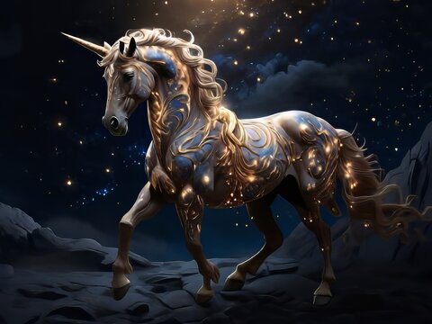 un unicornio celestial radiante atraviesa con gracia el cielo nocturno, envuelto en un resplandor et&eacute;reo que ilumina la oscuridad