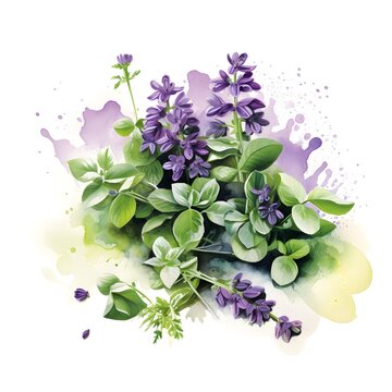 Watercolor illustration. Kitchen spices. Oregano sprigs and flowers.