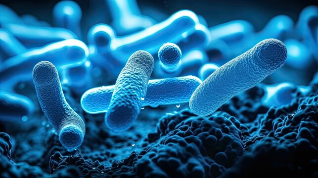 AI-generated illustration of blue bacteria fragments.
