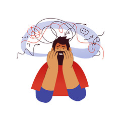 Mental disorders illustration. Frustrated man with nervous problem feel anxiety and confusion of thoughts. Male with anxiety touch head surrounded by thoughts. Vector flat illustration
