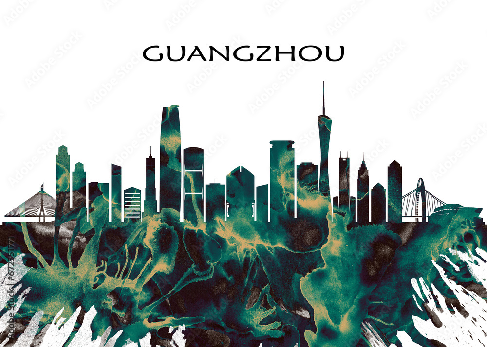 Wall mural Guangzhou Skyline. Cityscape Skyscraper Buildings Landscape City Downtown Abstract Landmarks Travel Business Building View Corporate Background Modern Art Architecture 