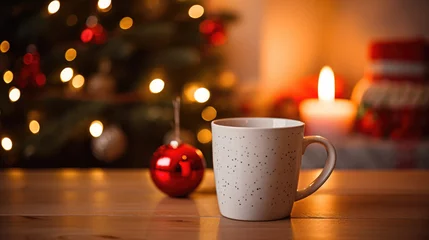  A cup with hot tea on the background of a blurry decorated Christmas tree © MP Studio