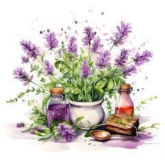 Watercolor illustration. Kitchen spices. Melissa twigs and flowers.