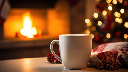 Obraz premium A cup with hot tea on the background of a blurry decorated Christmas tree and fireplace