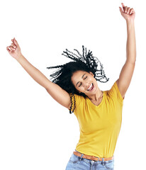 Woman, arms up and afro or dancing celebration for party fun, isolated on transparent png background. Female person, model and hair or hands smile moving for happy confidence, energy crazy in Brazil