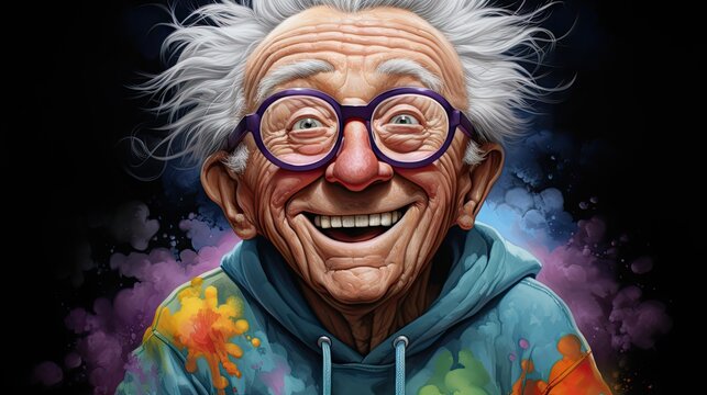  a painting of an old man with glasses and a hoodie on, smiling at the camera with a black background.  generative ai