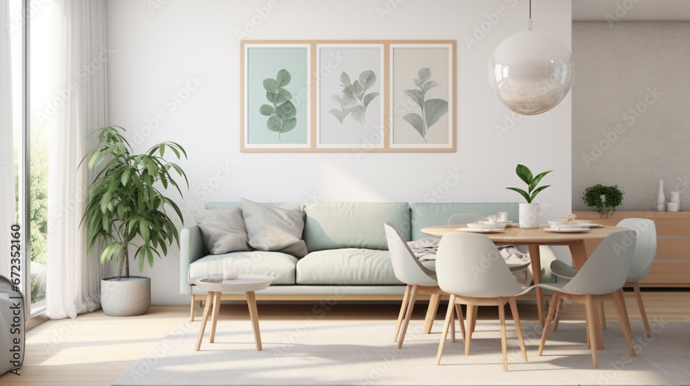 Wall mural Stylish scandinavian living room with design mint sofa, furnitures, mock up poster map, plants and elegant personal accessories. Modern home decor.  - Wall murals