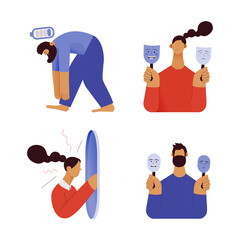 Collection of mental disorder cartoons. Apathy, Mood disorder, Inner monologue. Modern flat vector illustration