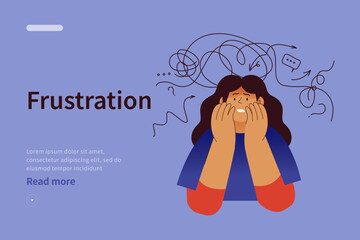 Mental disorders website concept. Frustrated woman with nervous problem feel anxiety and confusion of thoughts. Female with anxiety touch head surrounded by thoughts. Vector flat illustration
