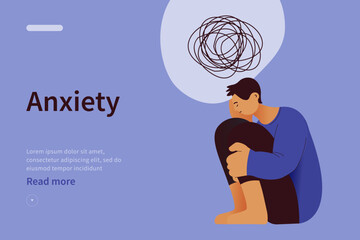 Mental disorders website concept. Frustrated man with nervous problem feel anxiety and confusion of thoughts, holding face with palm in despair. Vector flat illustration