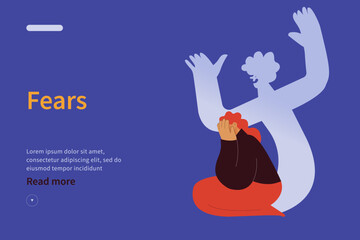 Fear website concept. Insecurities haunting you. Woman scared of ghost evil coming out of herself, insecurities, pressure. Huge fear shadow. Modern flat vector illustration