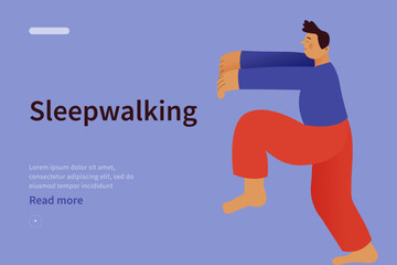 Young man sleepwalking website concept. Somnambulist walking in his dream with raised hands isolated on white background. Modern flat vector illustration
