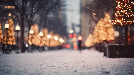 Foto op Plexiglas IA, ambiance de fête de noël avec des gens qui marchent dans la rue, neige et lumières floues © nyothep