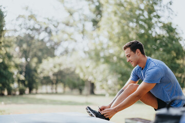 One person enthusiastically trains in a park, practicing a challenging and motivating fitness routine. Stretching and warming up outdoors, they embrace a healthy lifestyle and positive results.