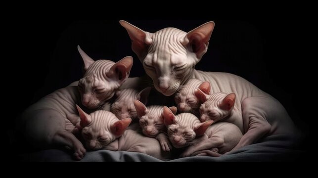 Sleeping mother Sphynx cat with her kittens, hairless Sphynx cat and her kittens on black background.