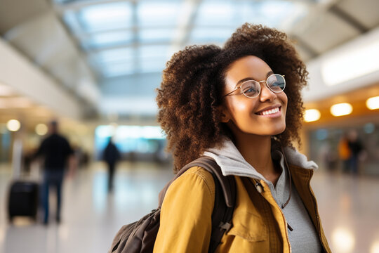 A Happy Black Woman At The Airport Because She Is Going To Travel