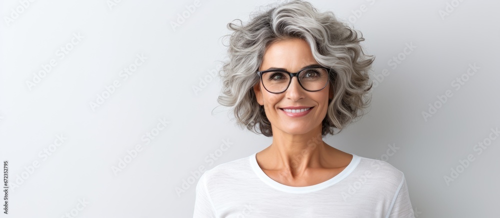 Poster A lovely woman with glasses who looks wise and experienced is happily using a tablet computer gazing into the camera and grinning against a backdrop of gray