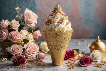 Obraz na płótnie Canvas An Exquisite Ice Cream Cone Adorned With Gold Flakes and Delicate Pink Roses