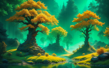 Fototapeta na wymiar Fantastic landscape with emerald background. AI