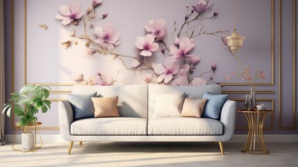 Sunlit, gray sofa by a floral print wall in the nook of a feminine living room interior with golden accessories 8k,