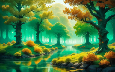 Fototapeta na wymiar Fantastic landscape with emerald background. AI