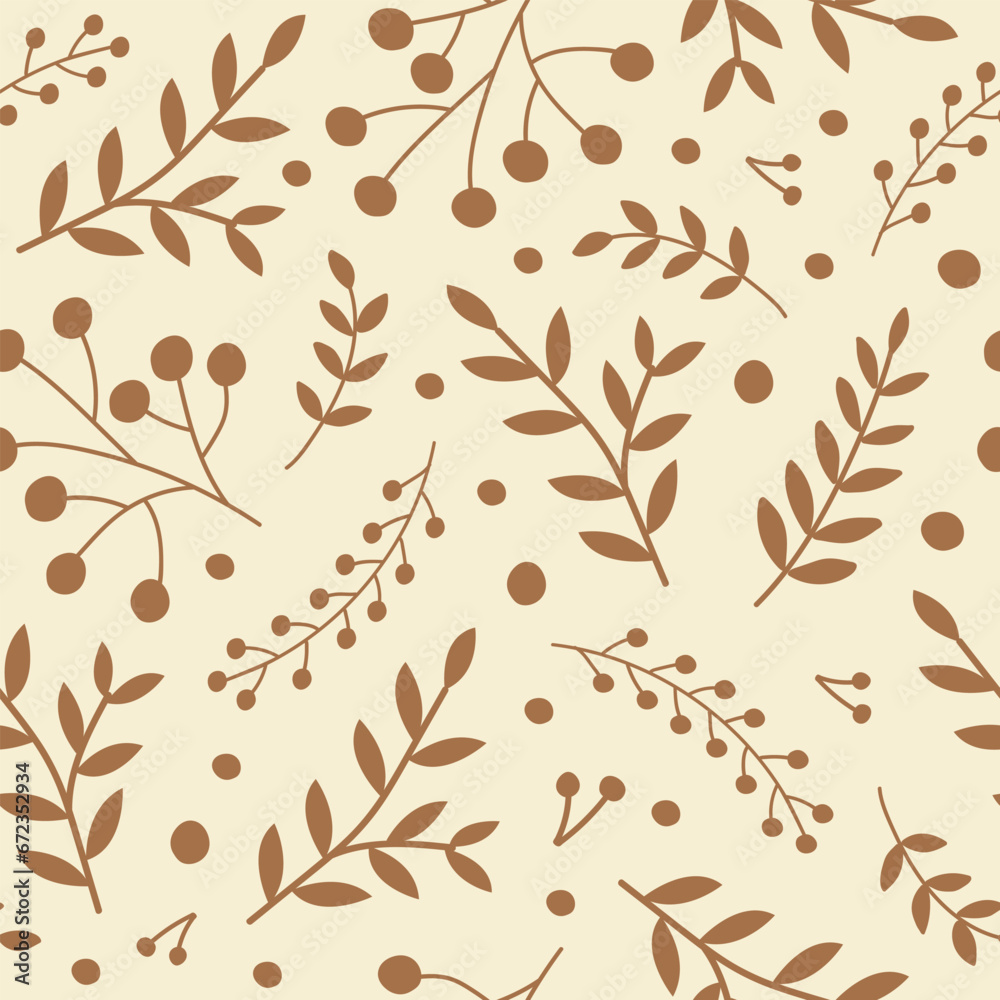 Poster monochrome seamless pattern with brown branches rowan berries and leaves on a beige background. seas