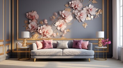 Sunlit, gray sofa by a floral print wall in the nook of a feminine living room interior with golden accessories 8k, - obrazy, fototapety, plakaty