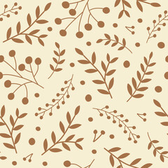 Monochrome seamless pattern with brown branches rowan berries and leaves on a beige background. Seasonal design for textile, prints, wrapping paper. Vector illustration