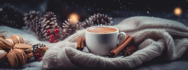 A cozy winter scene featuring a warm cup of coffee surrounded by candles, cinnamon, star anise, and pinecones, all set against a snowy backdrop with a soft woolen blanket.