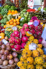 Fresh exotic fruits on famous market in Funchal Mercado dos Lavradores Madeira island, Portugal