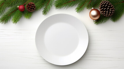 A simple and elegant Christmas table setting features a white plate, gold forks, pine branches, a shimmering bauble, pinecone, and vibrant red berries.