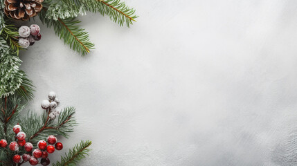 Fototapeta na wymiar Christmas Background with Fir Branches and Pine Berries on a White Table Top View