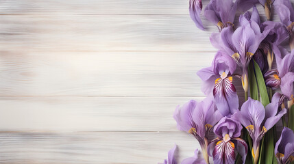  a bunch of purple flowers on a white wooden background with space for text.  generative ai