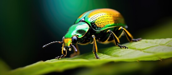 Close up photograph of a vibrant beetle with bright green hues on a leaf at a larger scale