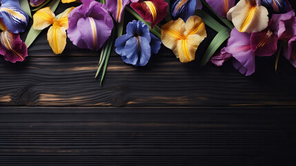  a bunch of flowers that are on a wooden table with a black background.  generative ai