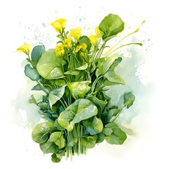 Watercolor illustration of Spices. Sprigs of spinach with spinach flowers